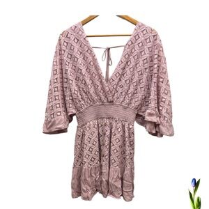 HYFVE Dress Boho Pink Lace V-Neck Mini size M